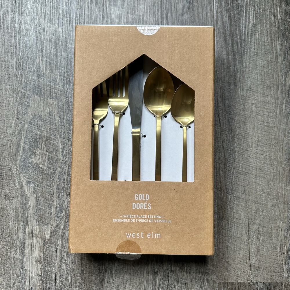 NEW West Elm Gold Dorés Flatware Set 5-piece‎ Plated Gold NIB OB